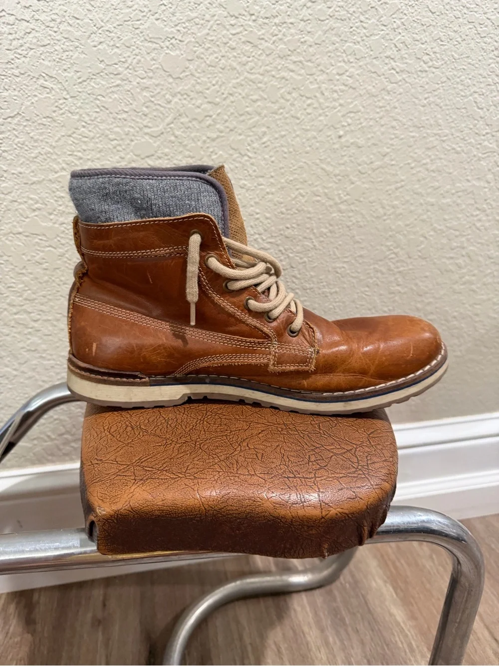 Aldo Tan Distressed Leather Chukka Boots with Gray Knit Collar